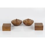 Pair of 20th Century Yew wood circular boxes with covers, 14.5cm wide and two smaller oak boxes (4)