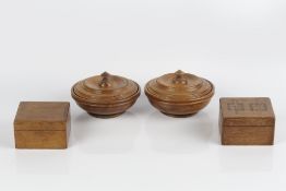 Pair of 20th Century Yew wood circular boxes with covers, 14.5cm wide and two smaller oak boxes (4)
