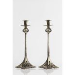 Pair of Secessionist style candlesticks chrome finish, unsigned 37cm high (2)