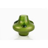 Attributed to Loetz iridescent green glass vase with applied teardrops, Art Nouveau, unsigned 8cm