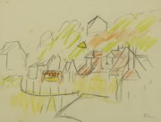 Donald Bain (1904-1979) 'Town Scene' crayon sketch, signed lower right 20cm x 25cm