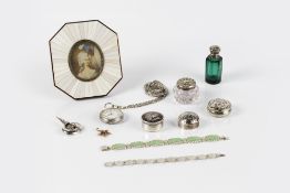Collection of silver to include: pocket watch on white metal chain, silver and green enamel