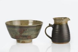 Attributed to David Leach at St. Ives pottery Z or bird on a branch studio pottery bowl 23cm across