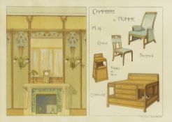 Maurice Dufrene (1876-1955) 'Chambre D'Homme' watercolour, Art Nouveau, signed lower right 31cm x