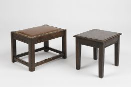 Two 20th Century handmade stools, one with a leather top, with message to the underside 38cm x