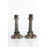 Robert Wallace Martin at Martin Brothers pair of candlesticks, deep blue brown glaze, with mythical,