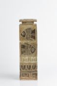 H. C (Contemporary) studio pottery square vase, decorated with incised fish, indistinctly signed
