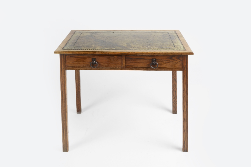 Heals writing table or desk, oak with green leather inset top, unsigned, circa 1905 84cm x 76cm x