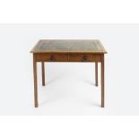 Heals writing table or desk, oak with green leather inset top, unsigned, circa 1905 84cm x 76cm x