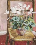 Gwen Johns (20th Century School) 'White cyclamen' oil on panel, signed lower left 49cm x 39cm