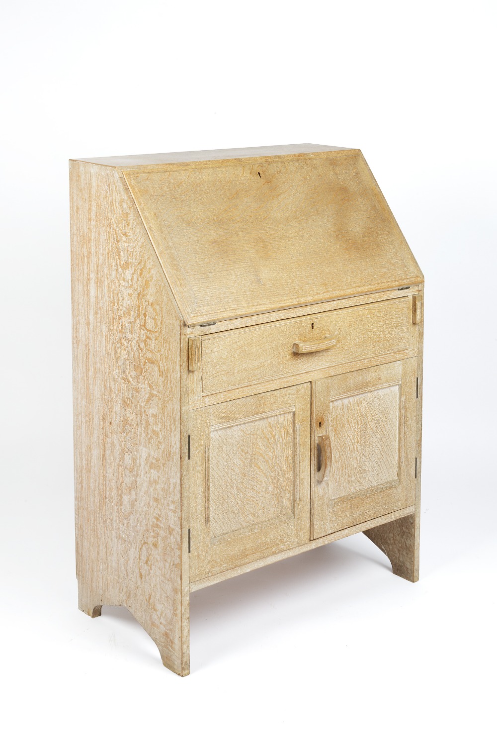 In the manner of Heals bureau, limed oak, long drawer above a cupboard, unmarked 74cm x 105cm x 42cm - Image 2 of 5