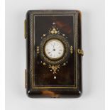 Tortoiseshell card case with clock set into the front, 19th Century 10.5cm