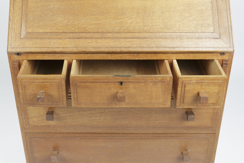 Attributed to Brynmawr bureau, oak, three short and two long drawers 84cm x 107cm x 48cm - Image 4 of 6