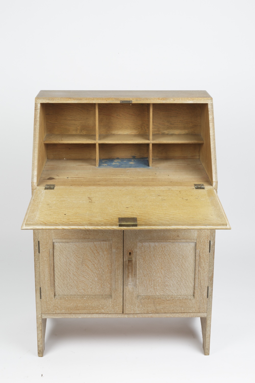 In the manner of Heals bureau, limed oak, long drawer above a cupboard, unmarked 74cm x 105cm x 42cm - Image 3 of 5