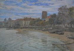 Arthur Severn (1842-1931) 'Old Chelsea Church from Cadogan Pier' watercolour, signed and dated