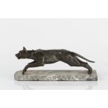 Art Deco sculpture of a dog spelter, unsigned, on a marble base, possibly French 38cm x 14cm