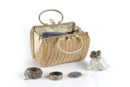 Collection of costume jewellery and compact mirrors in vintage handbag