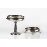 Arts and Crafts tazza silver plated, beaten effect with floral roundel to the interior of the