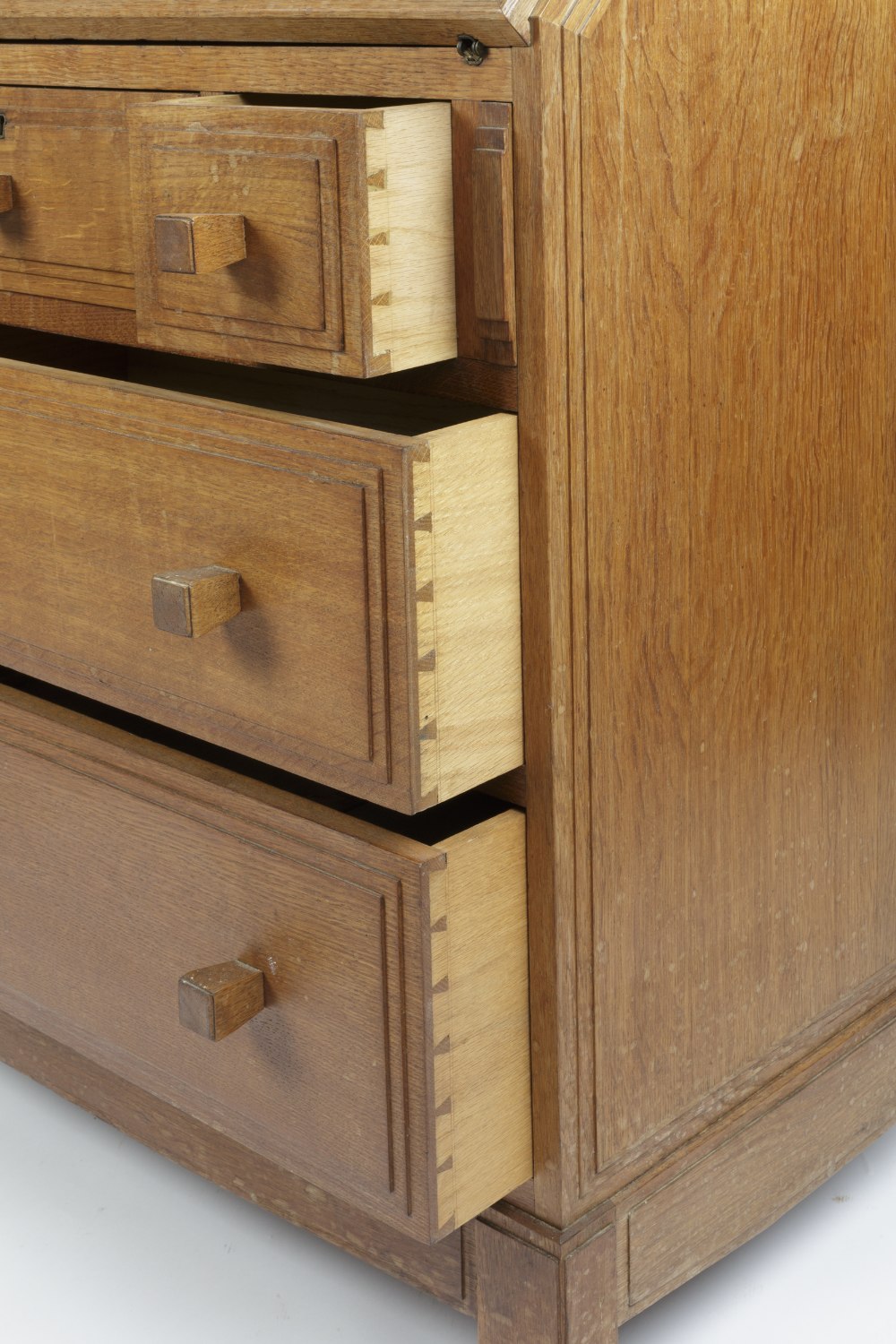 Attributed to Brynmawr bureau, oak, three short and two long drawers 84cm x 107cm x 48cm - Image 5 of 6