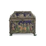 Limoges style white metal and enamel casket, 19th Century in the 17th Century style, velvet lining