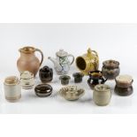 Collection of studio pottery to include: Winchcombe jug, Bladon pottery preserve jar, salt pig