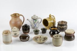 Collection of studio pottery to include: Winchcombe jug, Bladon pottery preserve jar, salt pig