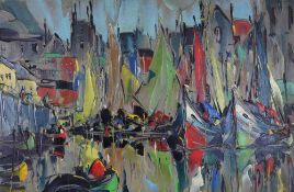 George Richard Deakins (1911-1982) 'Drying Sails' oil on panel, signed lower left 59cm x 89cm