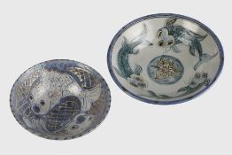 Elisabeth Mary Roussel (b. 1936) two studio pottery fish bowls, both with impressed marks to the