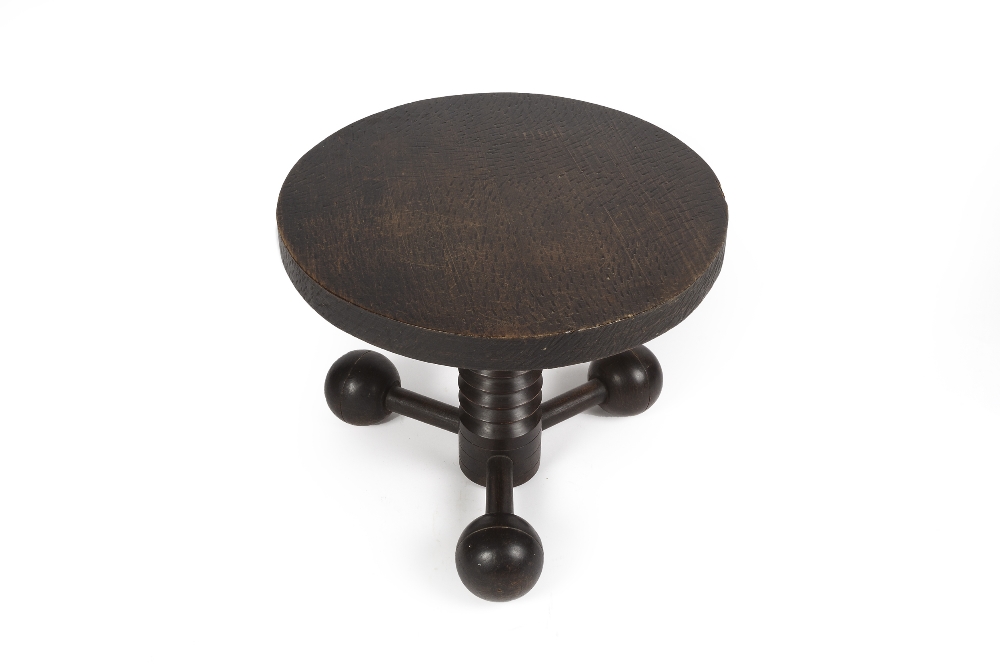 Charles Dudouyt (1903-1969) table, circular top on three ball feet, oak 59cm wide x 48cm high