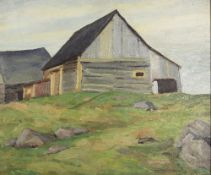Thomas Reid MacDonald (1908-1978) 'Barn at Lust River, Quebec' oil on panel, signed lower right 36cm