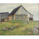 Thomas Reid MacDonald (1908-1978) 'Barn at Lust River, Quebec' oil on panel, signed lower right 36cm