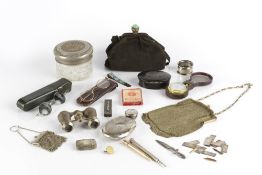 Opera glasses with hunting scene decoration, propelling pencils, mesh chain link purses, silver