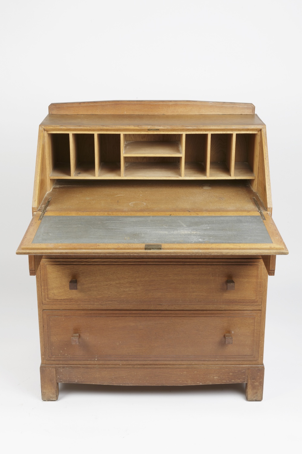 Attributed to Brynmawr bureau, oak, three short and two long drawers 84cm x 107cm x 48cm - Image 3 of 6