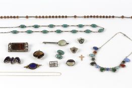 Collection of jewellery to include: Arts and Crafts silver brooch, silver and enamel cufflink,