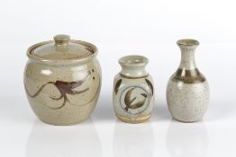 Russell Collins (b.1942) storage jar, speckled glaze 12cm high a small square vase, indistinctly