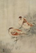 Ohara Koson (1877-1945) 'Three sparrows in a rain shower' woodblock print 34cm x 18.5cm and one