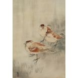 Ohara Koson (1877-1945) 'Three sparrows in a rain shower' woodblock print 34cm x 18.5cm and one