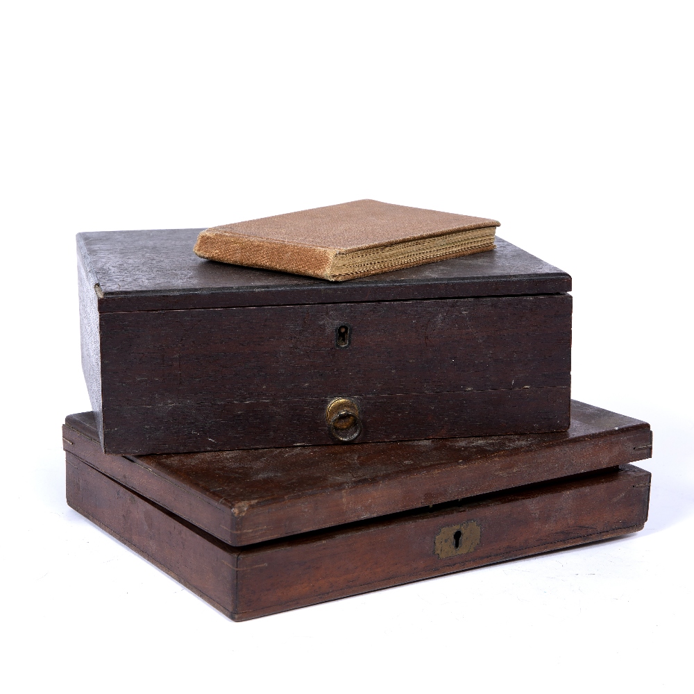 Cased technical drawing set handles marked 'Elliott', an early 20th Century artist's box, with - Image 2 of 2