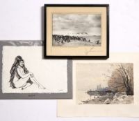 Adelie Penguins and chicks signed photograph 10cm x 16cm, G. T. S watercolour, indistinctly signed