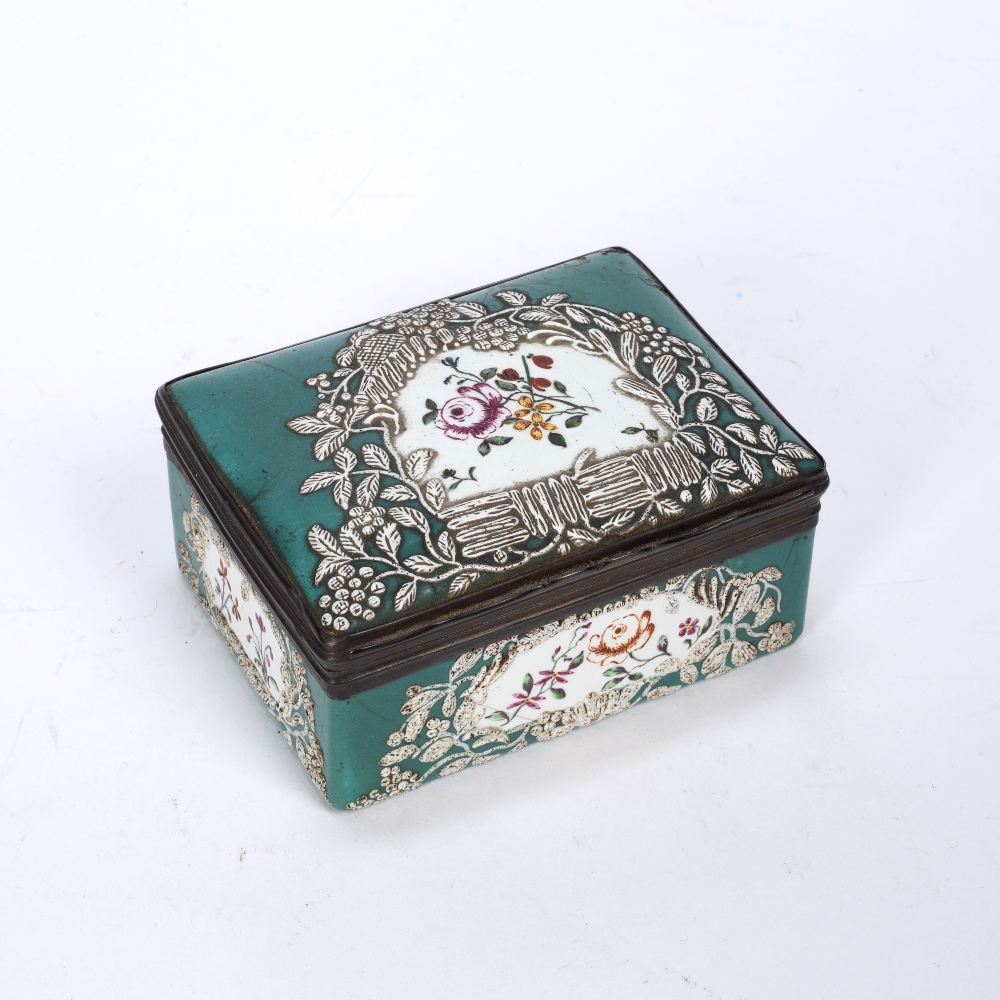 Enamel lidded box 18th Century, possibly Battersea, decorated in ground turquoise with foliate - Image 2 of 2
