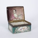 Enamel lidded box 18th Century, possibly Battersea, decorated in ground turquoise with foliate