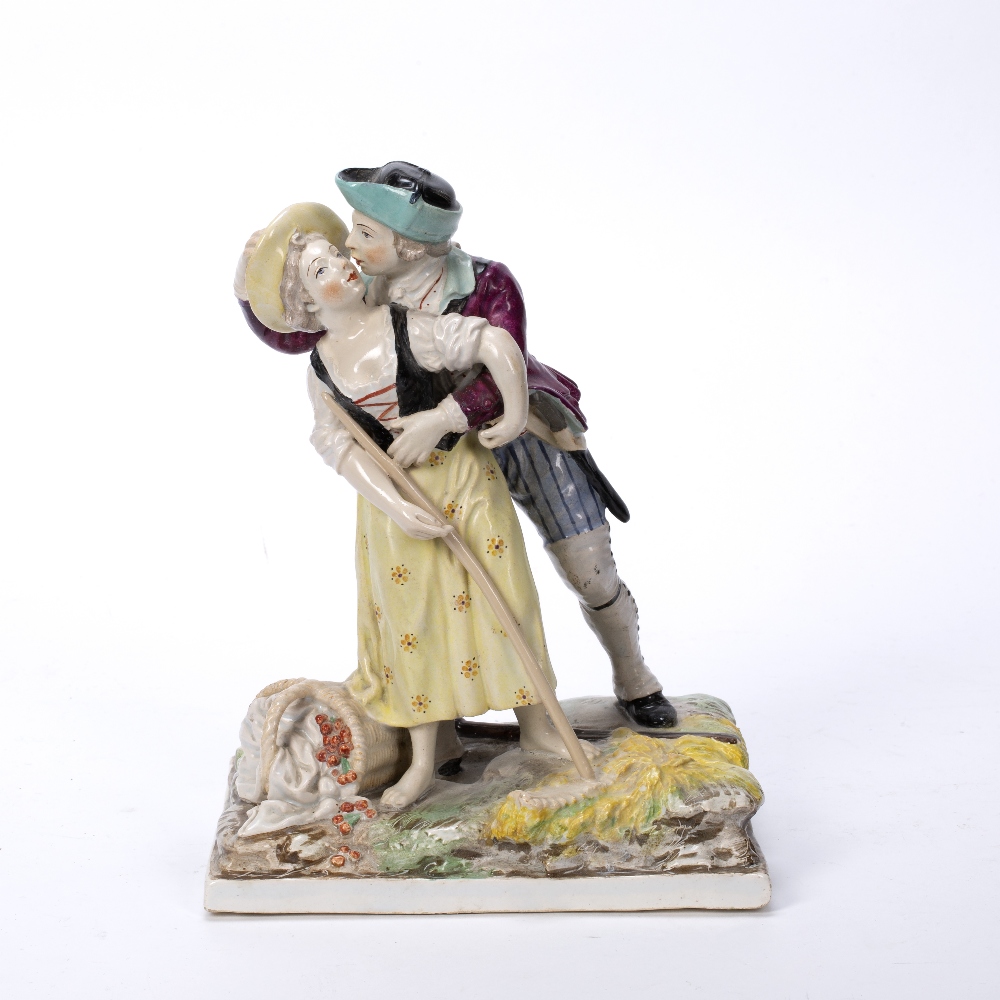 Strasbourg pottery group 'The Huntsman', on a rectangular base, 24cm high, blue mark to the