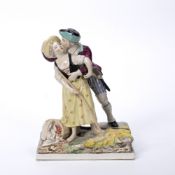 Strasbourg pottery group 'The Huntsman', on a rectangular base, 24cm high, blue mark to the