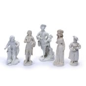 Three continental blanc de chine figures depicting a shepherd, a fruit seller and one other, the