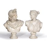 Pair of plaster busts Apollo Belvedere and Diana, 22.5cm high.
