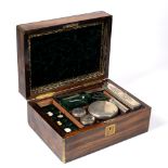 Victorian rosewood vanity box with brass banding, fitted green velvet interior and contents, 29cm