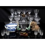 Group of glass and other pieces including a claret jug, a Chinese soapstone vase and pearlware