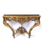 Giltwood and plaster Italianate console table 19th Century, with marble top, having a serpentine