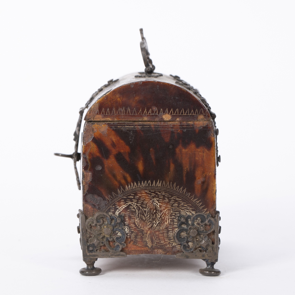 Tortoiseshell casket 18th Century, engraved with foliate scrolls, with applied metal mounts possibly - Image 4 of 5