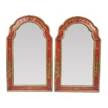 Pair of painted arched mirrors each with gilt chinoiserie designs, 120cm high, 71cm across